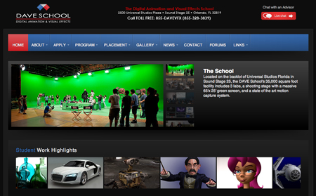 Website for The Dave School featuring a green screen studio and student work highlights.
