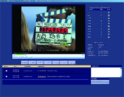 Software interface displaying a film clapperboard with timecode on a video monitor.