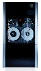 A tall, black Scantity machine featuring two large, white circular discs behind a glass panel.