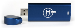 A blue rectangular USB device with a detached cap and a white logo on the side.