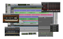 A collection of digital audio workstation software windows, including mixing consoles, MIDI keyboards, and effects plugins.