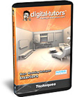 A software box for Digital-Tutors Interiors Techniques featuring a 3D rendered living room.