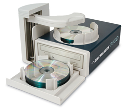 A white and dark blue Pico Disc Maker machine with two trays holding optical discs.
