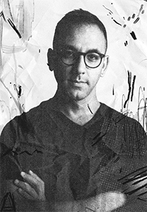 Black and white portrait of a man wearing glasses and a dark V-neck shirt with abstract line overlays.