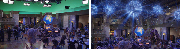 A stage set featuring a large globe, costumed performers, and a starry light projection effect.