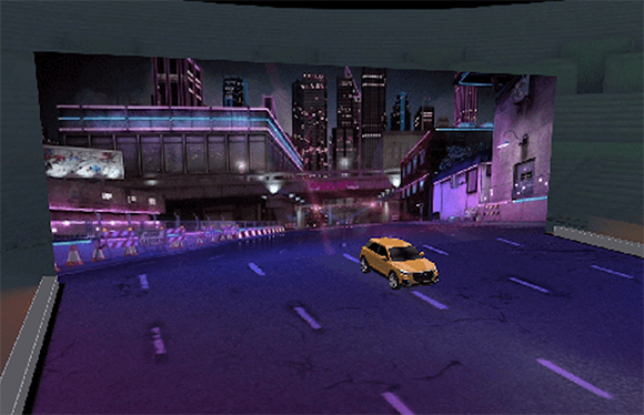 A yellow car drives down a dark city street illuminated by purple and pink neon lights.