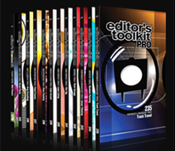 A row of various software boxes for Editor's Toolkit Pro lined up against a dark background.