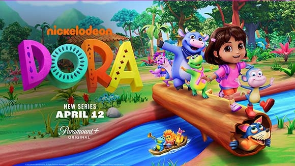 Animated characters Dora, a monkey, a blue bull, and a green lizard stand on a log over a river.