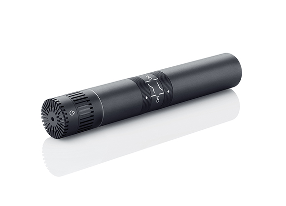 A black cylindrical handheld microphone with a textured head and a power switch.