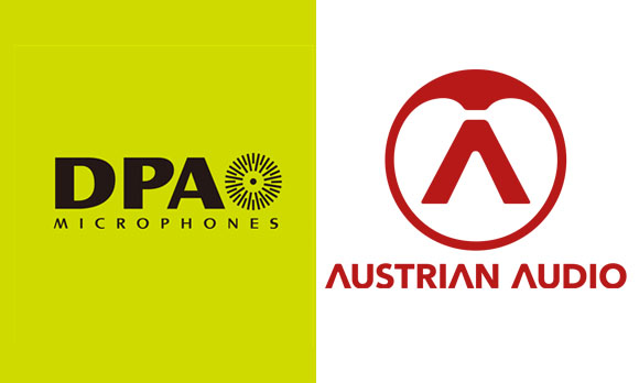 Logos for DPA Microphones on yellow and Austrian Audio on white.