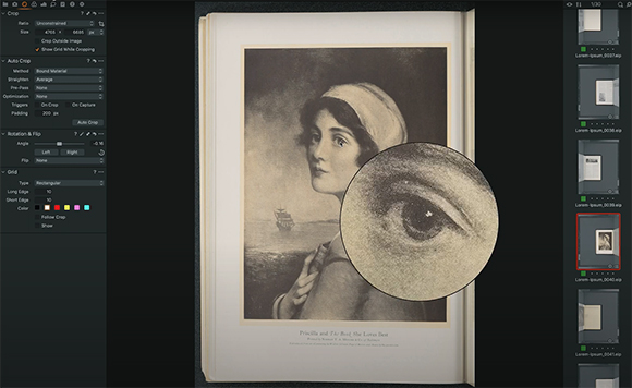 Digital editing interface displaying an open book with a vintage portrait and a circular magnification of an eye.