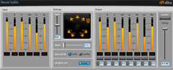 Digital audio mixing interface with multiple vertical sliders and a central directional control panel.