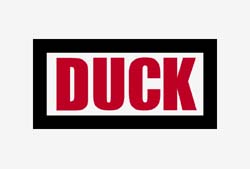Red capital letters spelling DUCK inside a white rectangle with a thick black border.