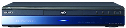 A black Sony Blu-ray player with a blue illuminated front panel.