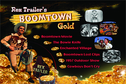 Graphic for Rex Trailer's Boomtown Gold featuring a cowboy, gold nuggets, and video thumbnails.