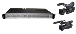 A black rack-mounted server unit next to two professional black video cameras on a white background.
