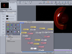 Software interface displaying a node graph and a red 3D sphere against a dark background.