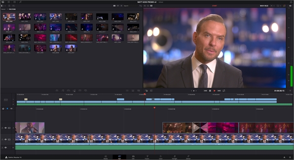 Video editing software interface with a man in a suit in the preview window and multiple video clips in the timeline.