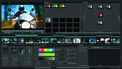 A complex digital video editing software interface with multiple panels, timelines, and color grading tools.
