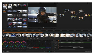 A digital video editing software interface showing a timeline, media bins, color grading tools, and a preview window.