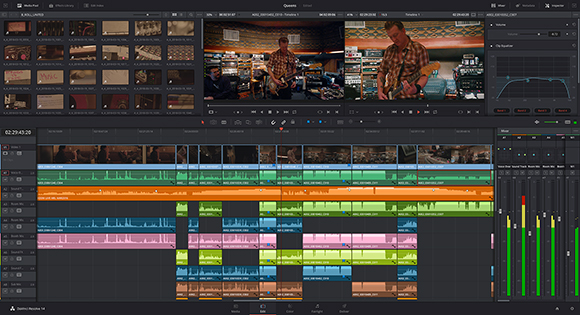 A video editing software interface with a media pool, timeline, and video preview windows.