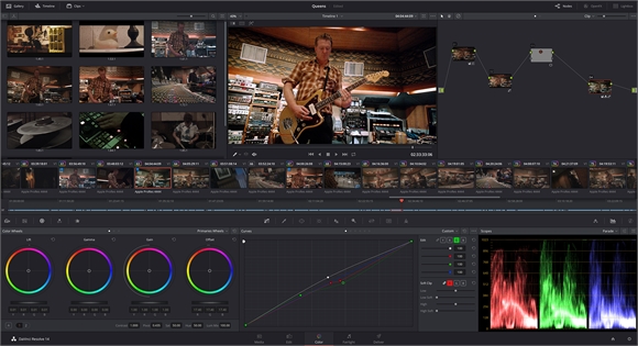 A video editing software interface showing a man playing guitar, color wheels, and waveform scopes.