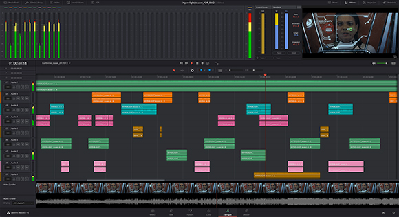 Video editing software interface with multi-track timeline, audio waveforms, and a video preview window.