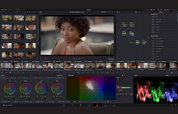 Video editing software interface showing a woman's portrait, node graph, and color grading panels.