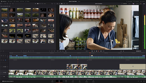 A video editing software interface showing a timeline, media pool, and a preview of two women in a kitchen.