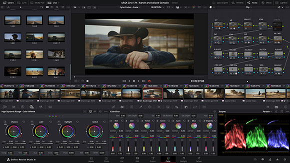 A digital video editing software interface displaying a man in a cowboy hat, video clips, and color grading tools.