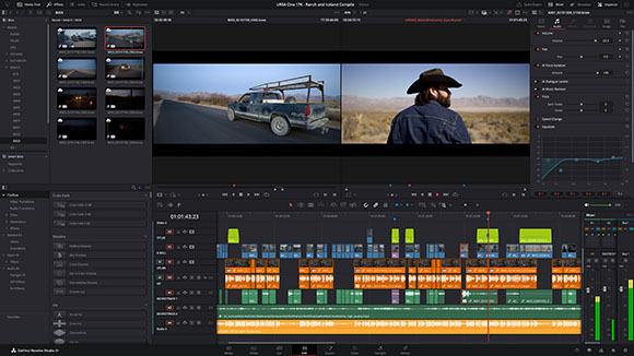 A video editing software interface with a split-screen preview of a truck and a man, and a multi-track timeline below.
