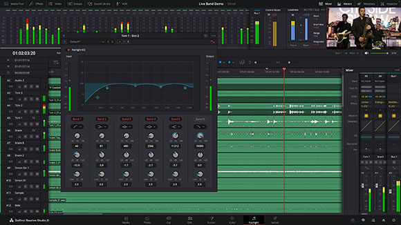 A digital audio workstation interface displaying audio waveforms, equalizer curves, and various mixing sliders.