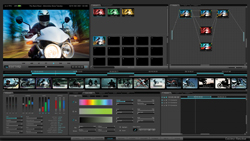 A video editing software interface displaying a motorcyclist on a large preview screen and various editing tools.