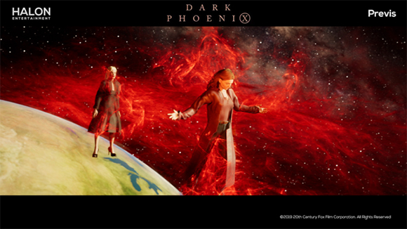 Two figures float against a swirling red cosmic nebula above a planet surface.