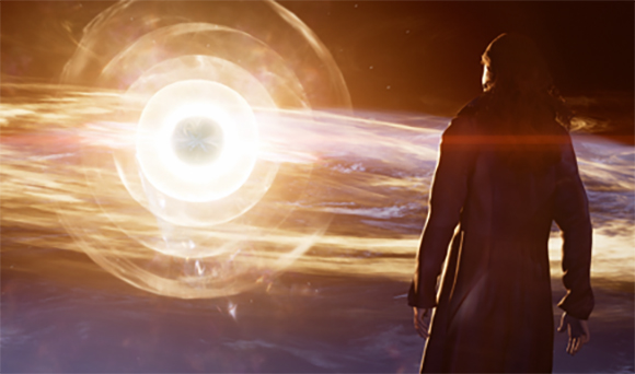 A person in a long coat stands before a large, glowing white orb surrounded by golden rings of light.
