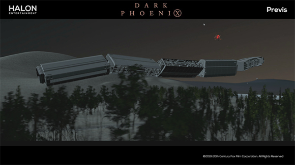 A dark, segmented spacecraft flies over a dense forest under a dark sky.