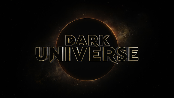 Metallic text reading DARK UNIVERSE centered over a glowing dark circular celestial body in space.