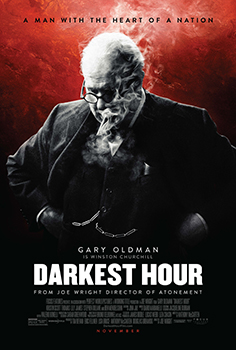 Gary Oldman as Winston Churchill smoking a cigar against a red background.