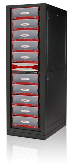 A tall black server rack filled with stacked red and grey hardware modules.