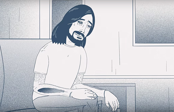Line drawing of a man with long dark hair and a beard sitting with a tired expression.