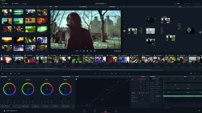 A professional video editing software interface with a central video preview, node graph, and color wheels.