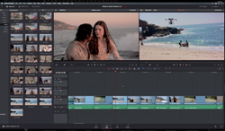 A video editing software interface with a media library on the left and a split-screen video preview at the top.