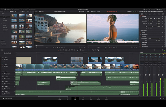 Video editing software interface with a timeline, media library, and two video preview windows.