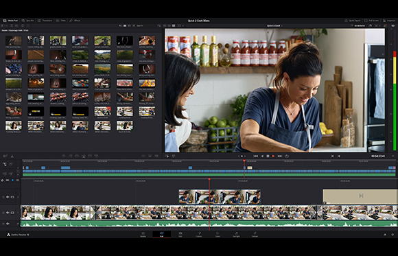 Video editing software interface with a media library, timeline, and a preview of a woman cooking in a kitchen.
