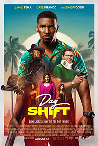 Movie poster for Day Shift with Jamie Foxx in a tropical shirt, Dave Franco, and Snoop Dogg.