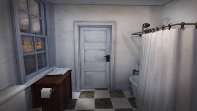 A small bathroom with a white door, a bathtub with a white curtain, and a window overlooking a dark landscape.