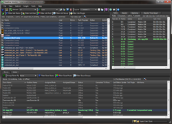A dark-themed software application window showing several data tables with columns for status, name, and time.