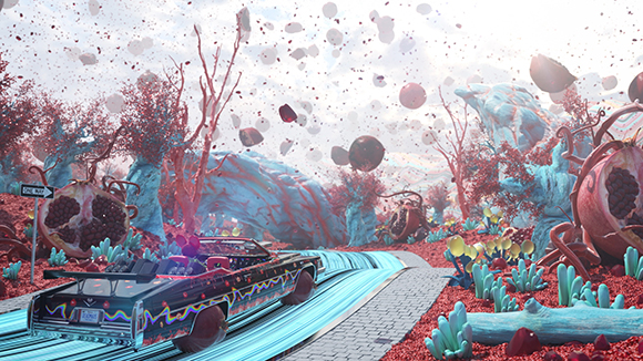 A dark car travels along a glowing blue path through a surreal landscape of red plants and floating objects.