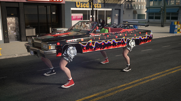 Four people's legs carry a black decorated convertible car down a city street.