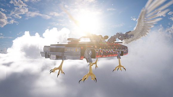 A black car with large white wings and yellow bird talons flying through a bright, cloudy sky.
